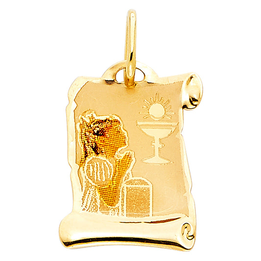 14k Yellow Gold Small/Mini First Communion Picture Pendant Girl (17mm x 12mm)