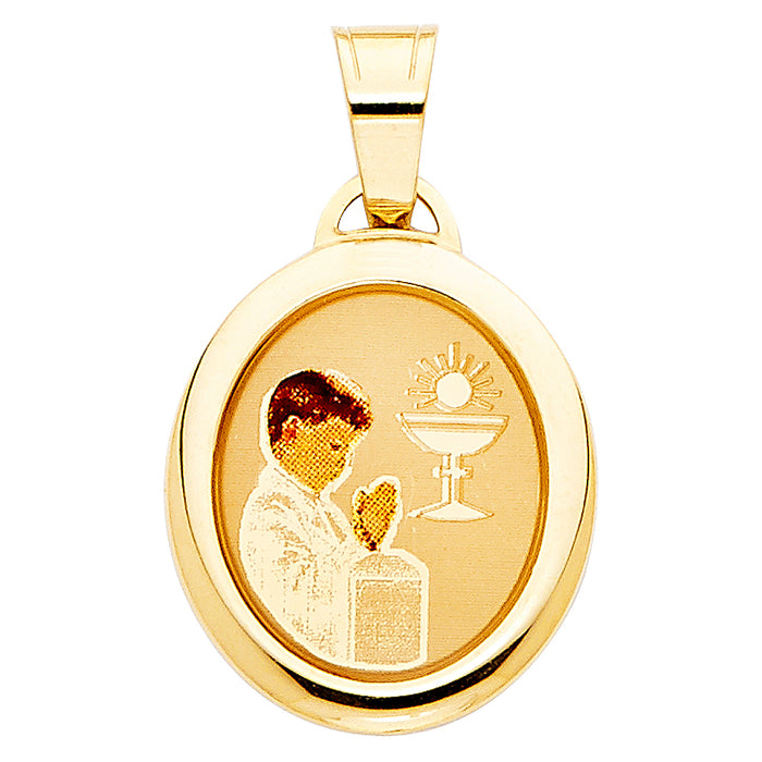 14k Yellow Gold Small/Mini First Communion Picture Medal Boy (19mm x 15mm)
