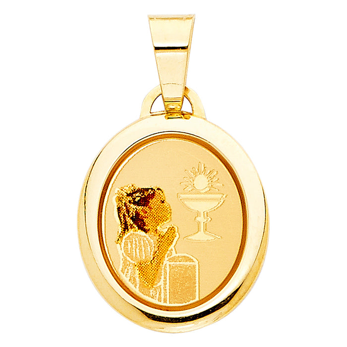 14k Yellow Gold Small/Mini First Communion Picture Medal Girl (19mm x 15mm)