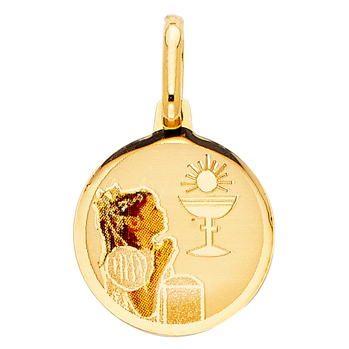 14k Yellow Gold Small/Mini First Communion Picture Medal Girl (17mm x 15mm)