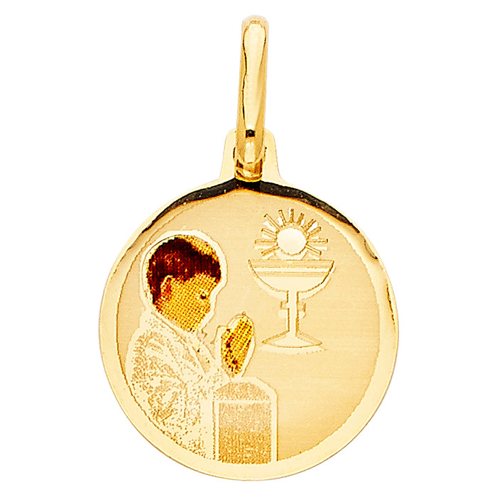 14k Yellow Gold Small/Mini First Communion Picture Medal Boy (17mm x 15mm)