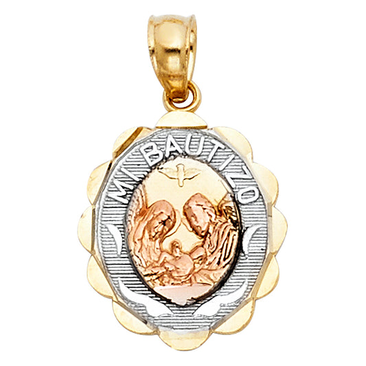 14K Tri-Color Gold Small/Mini Mi Bautizo Pendant Oval Small (12mm x 13mm)