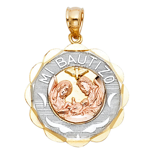 14K Tri-Color Gold Mi Bautizo Pendant Round Big (20mm x 18mm)