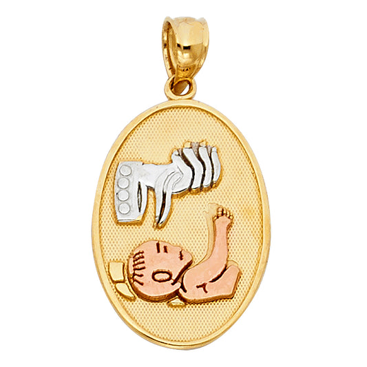 14K Tri-Color Gold Baptism Charm Pendant Oval Big (20mm x 13mm)