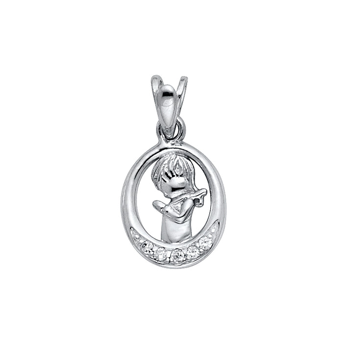 14k White Gold Small Girl Praying Charm Pendant, Accented with White CZ Stones (15mm x 10mm)