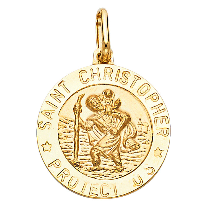 14k Yellow Gold Religious Saint Christopher Protect Us Round Medal Disc, 20mm (21mm x 20mm)