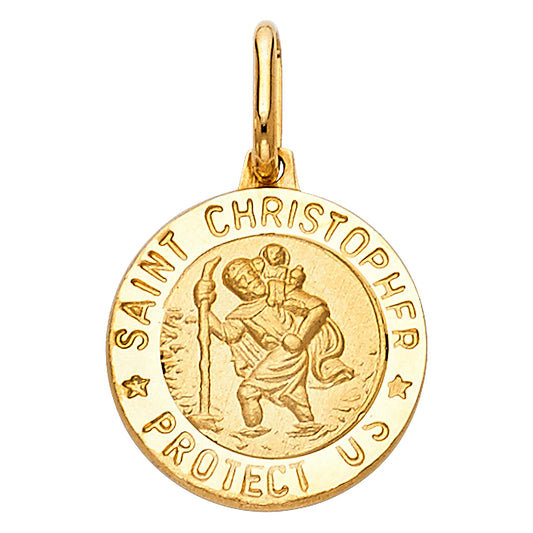 14k Yellow Gold Religious Saint Christopher Protect Us Round Medal Disc, 15mm (18mm x 15mm)
