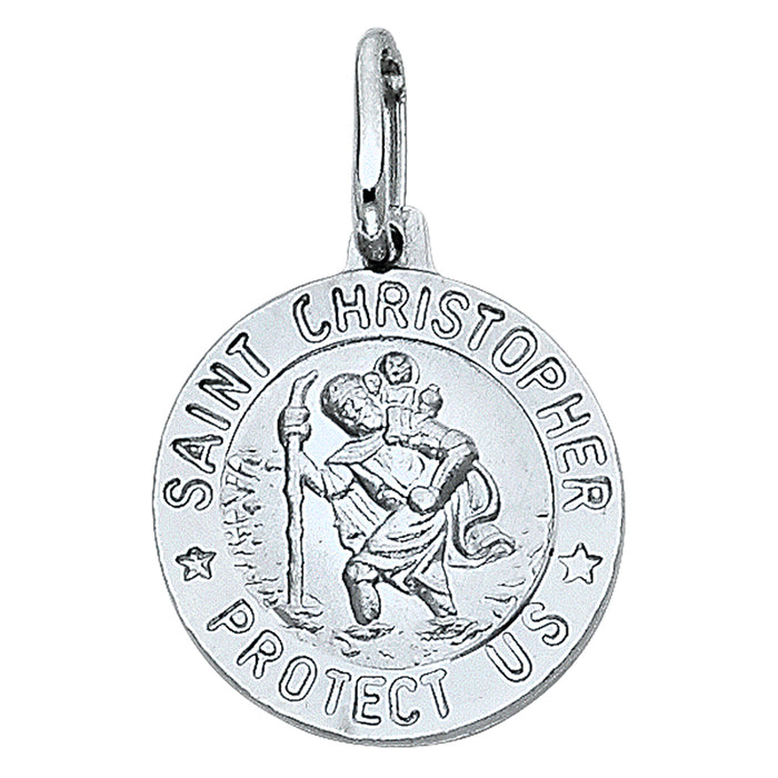 14k White Gold Religious Saint Christopher Protect Us Round Medal Disc, 15mm (18mm x 15mm)