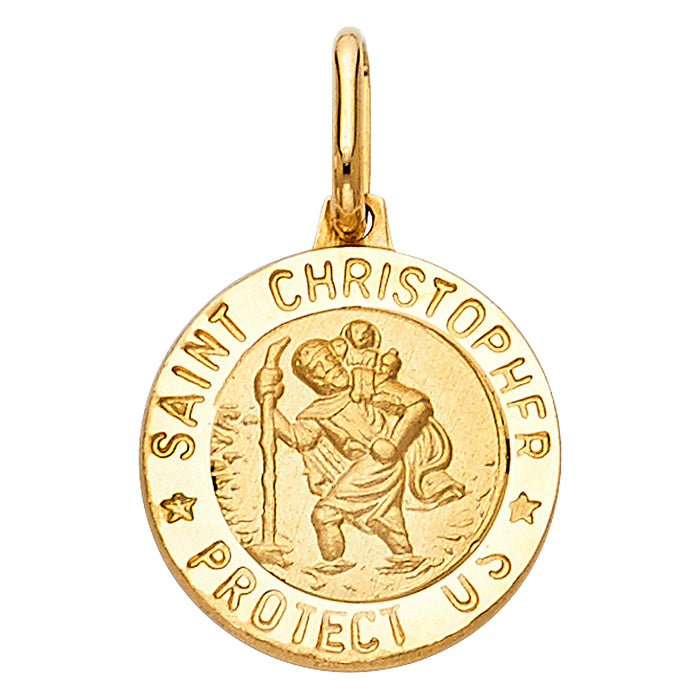 14k Yellow Gold Religious Saint Christopher Protect Us Round Medal Disc, 15mm (18mm x 15mm)