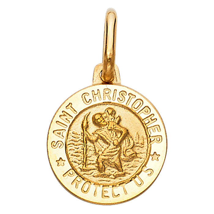 14k Yellow Gold Religious Saint Christopher Protect Us Round Medal Disc, 13mm (13mm x 13mm)