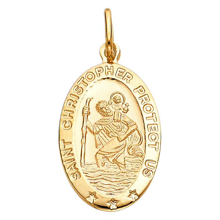 14k Yellow Gold Religious Saint Christopher Protect Us Oval Medal, 15mm (23mm x 15mm)