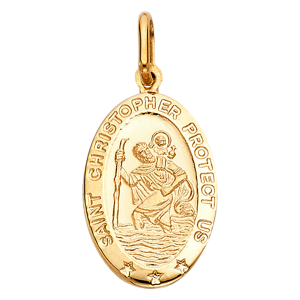14k Yellow Gold Religious Saint Christopher Protect Us Oval Medal, 15mm (21mm x 15mm)