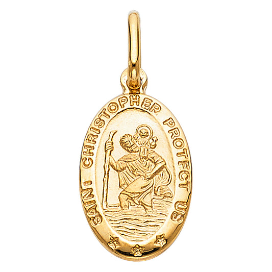14k Yellow Gold Religious Saint Christopher Protect Us Oval Medal, 13mm (18mm x 13mm)