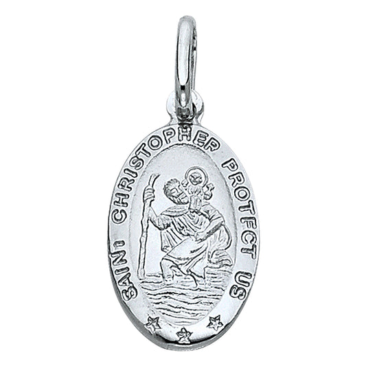 14k White Gold Religious Saint Christopher Protect Us Oval Medal, 13mm (18mm x 13mm)
