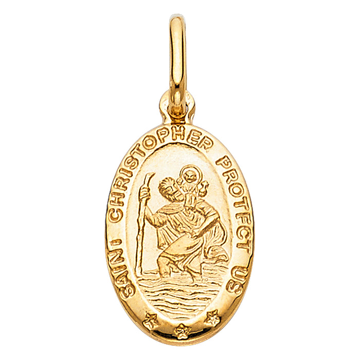 14k Yellow Gold Religious Saint Christopher Protect Us Oval Medal, 13mm (18mm x 13mm)