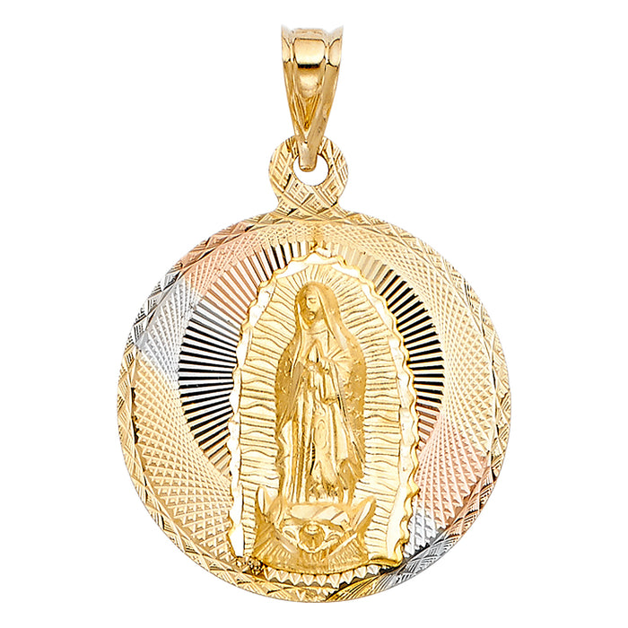 14k Tri-color Gold Religious Virgin Mary Stamp Charm Pendant (32mm x 27mm)