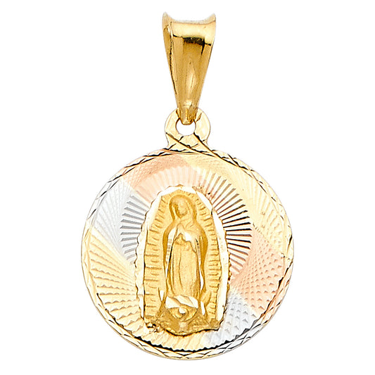 14k Tri-color Gold Religious Virgin Mary Stamp Charm Pendant Round Disc,  15mm