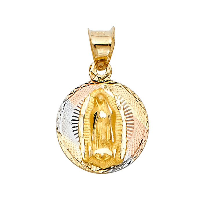 14k Tri-color Gold Small/Mini Religious Virgin Mary Stamp Charm Pendant Round Disc,  12mm