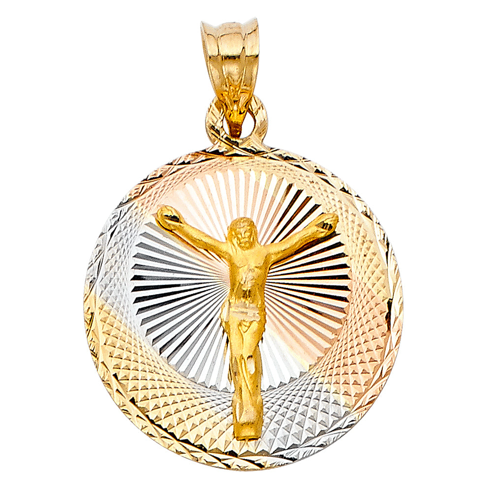 14k Tri-color Gold Religious Jesus Crucifix Stamp Charm Pendant Round Disc,  20mm