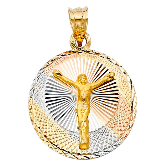 14k Tri-color Gold Religious Jesus Crucifix Stamp Charm Pendant Round Disc,  20mm