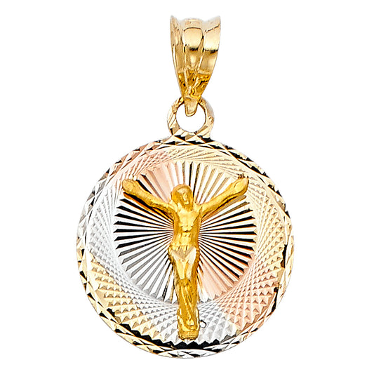 14k Tri-color Gold Religious Jesus Crucifix Stamp Charm Pendant Round Disc,  15mm