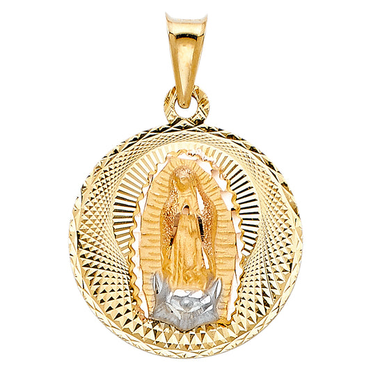 14k Tri-color Gold Religious Virgin Mary Stamp Charm Pendant Round Disc,  15mm