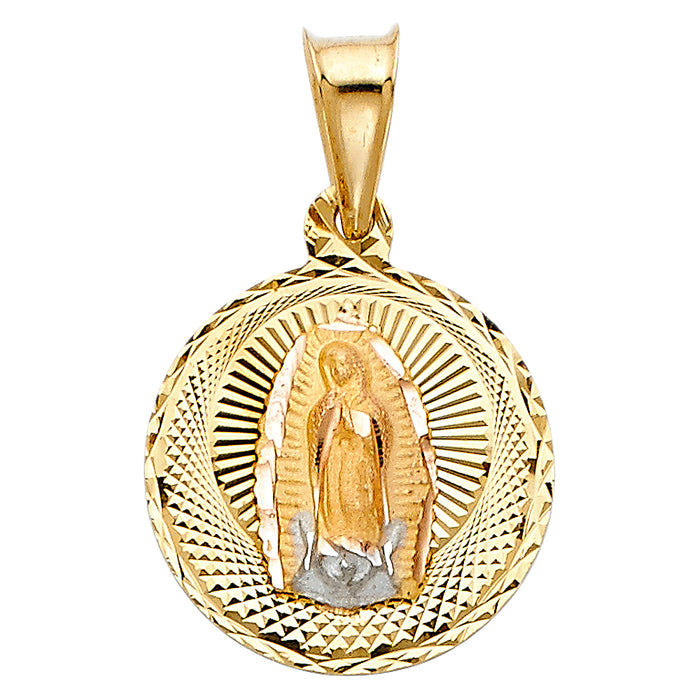 14k Tri-color Gold Religious Virgin Mary Stamp Charm Pendant Round Disc,  15mm