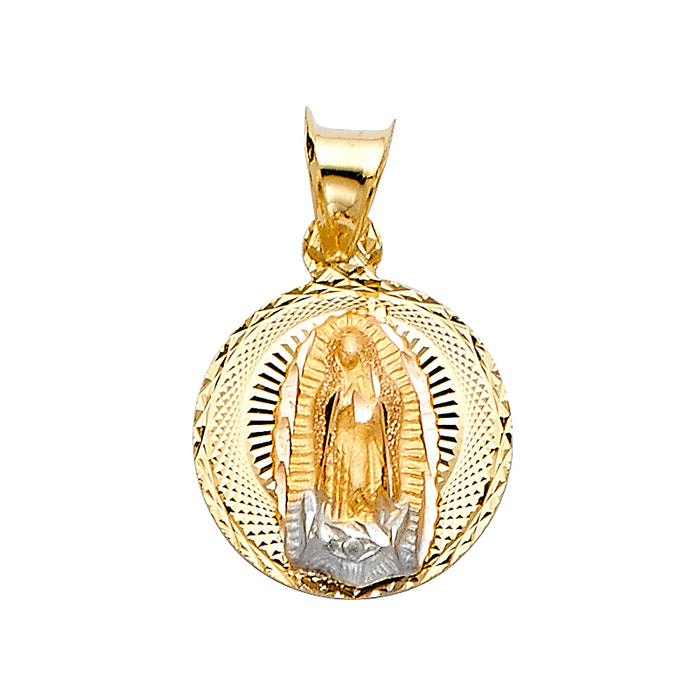 14k Tri-color Gold Small/Mini Religious Virgin Mary Stamp Charm Pendant Round Disc,  12mm
