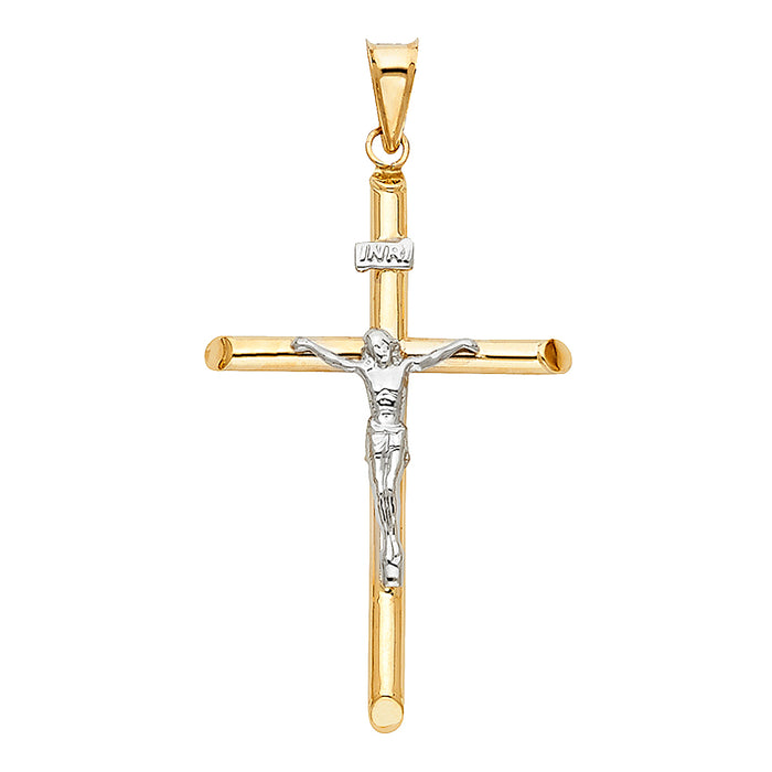 14K Two-tone Gold Religious Hollow Round Tubular Crucifix (25 X 50mm)