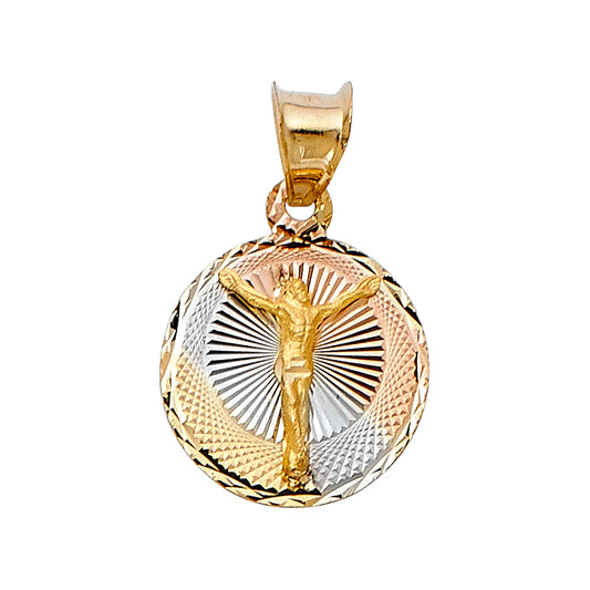 14k Tri-color Gold Small/Mini Religious Jesus Crucifix Stamp Charm Pendant Round Disc,  12mm