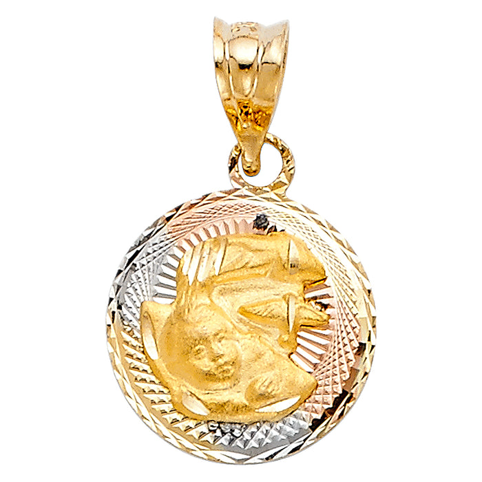 14k Tri-Color Gold Religious Small Baptism Stamp Charm Pendant, Diamond-cut, 12mm Disc (15mm x 12mm)