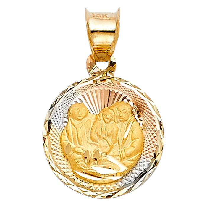 14k Tri-Color Gold Religious Small Baptism Stamp Charm Pendant, Diamond-cut, 12mm Disc (15mm x 12mm)