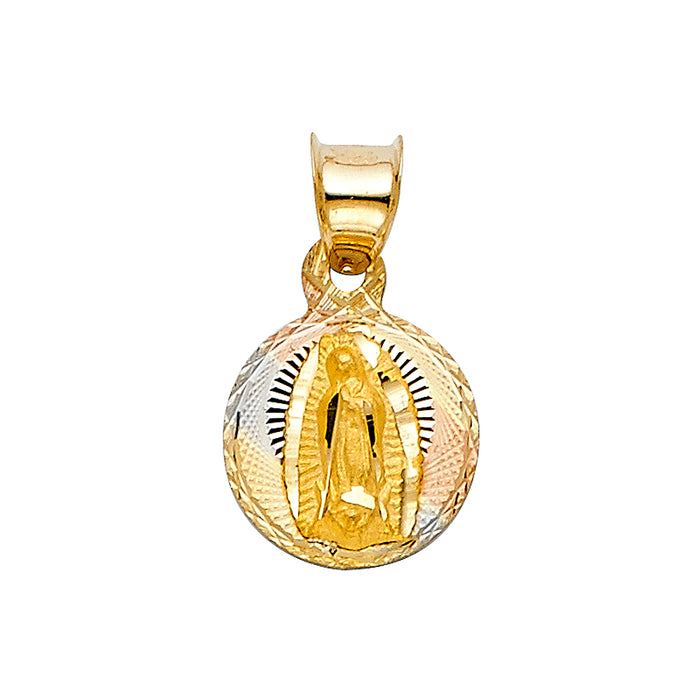 14k Tri-Color Gold Religious Mini Virgin Mary Stamp Charm Pendant, Diamond-cut, 10mm Disc (13mm x 10mm)