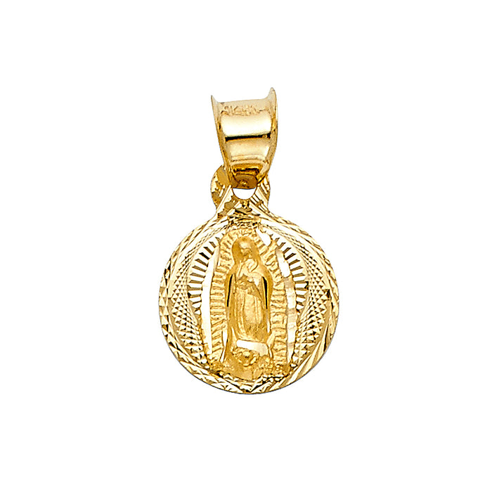 14k Tri-Color Gold Religious Mini Virgin Mary Stamp Charm Pendant, Diamond-cut, 10mm Disc (13mm x 10mm)