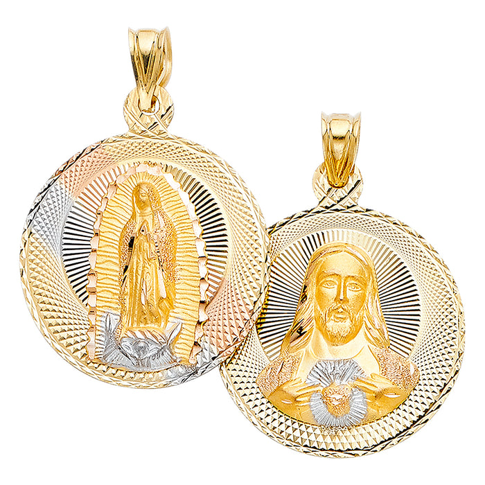 14k Tri-color Gold Religious Double Side Jesus and Virgin Mary Stamp (Single Charm) Pendant, 27mm Disc, Diamond Cut