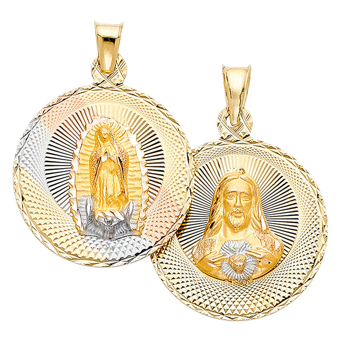 14k Tri-color Gold Religious Double Side Jesus and Virgin Mary Stamp (Single Charm) Pendant, 23mm Disc, Diamond Cut