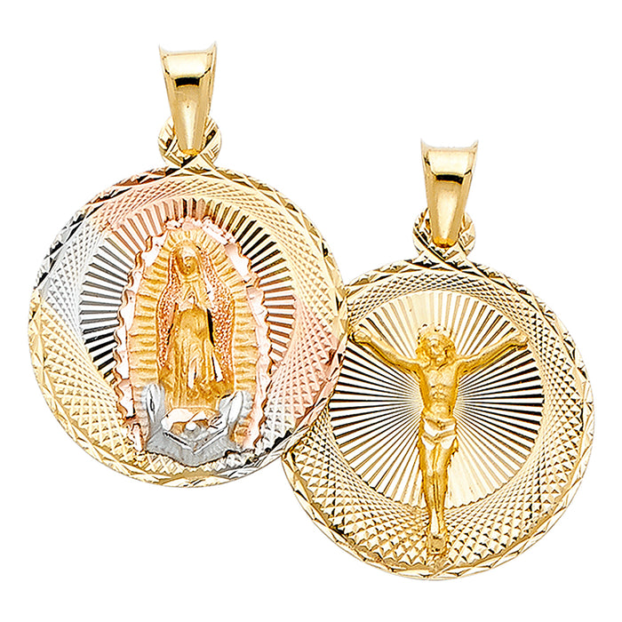 14k Tri-color Gold Religious Double Side Jesus Crucifix and Virgin Mary Stamp (Single Charm) Pendant, 20mm Disc, Diamond Cut