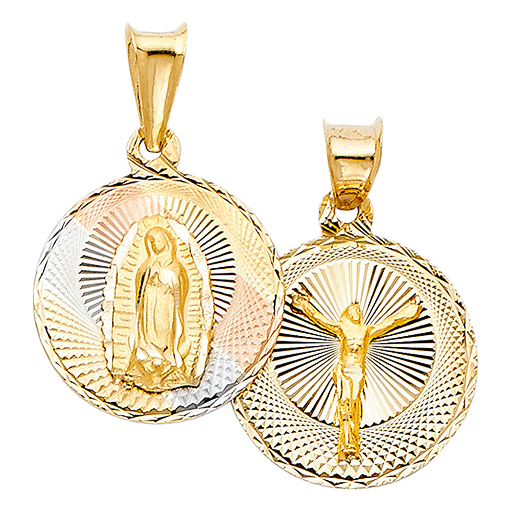 14k Tri-color Gold Religious Double Side Jesus Crucifix and Virgin Mary Stamp (Single Charm) Pendant, 20mm Disc, Diamond Cut