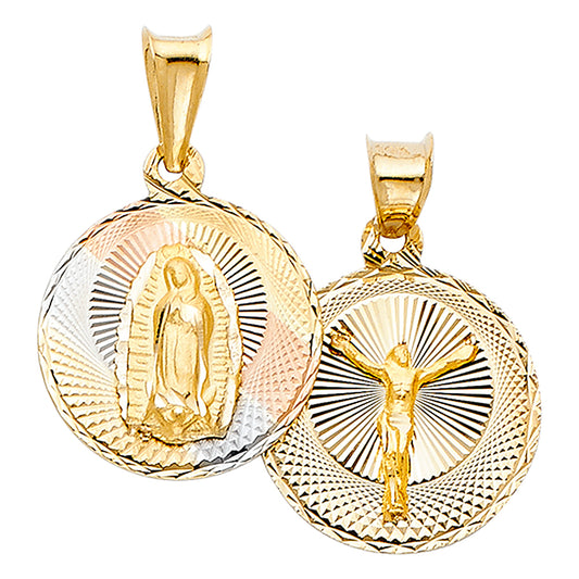 14k Tri-color Gold Religious Double Side Jesus Crucifix and Virgin Mary Stamp (Single Charm) Pendant, 20mm Disc, Diamond Cut