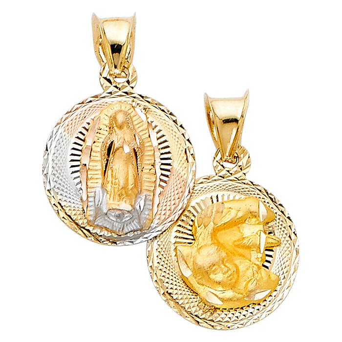14k Tri-color Gold Religious Double Side Baptism and Virgin Mary Stamp (Single Charm) Pendant, 12mm Disc, Diamond Cut