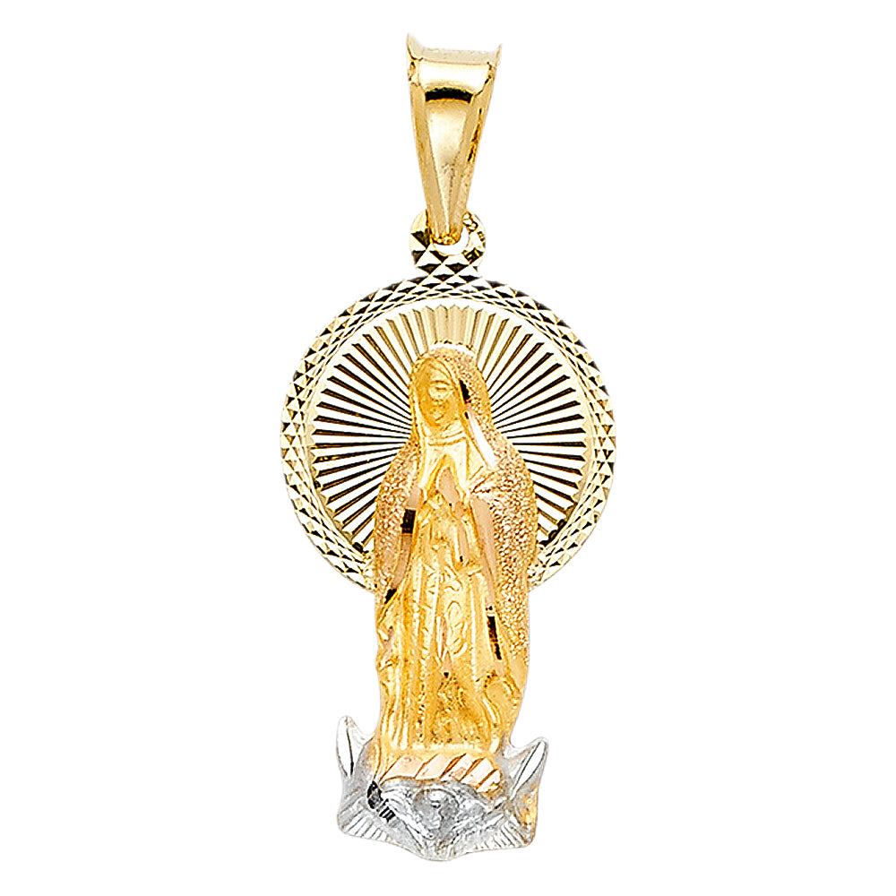 14K Tri-Color Religious Mary of Guadalupe Stamp Religious Charm Pendant, Diamond-cut (27 x 13mm)
