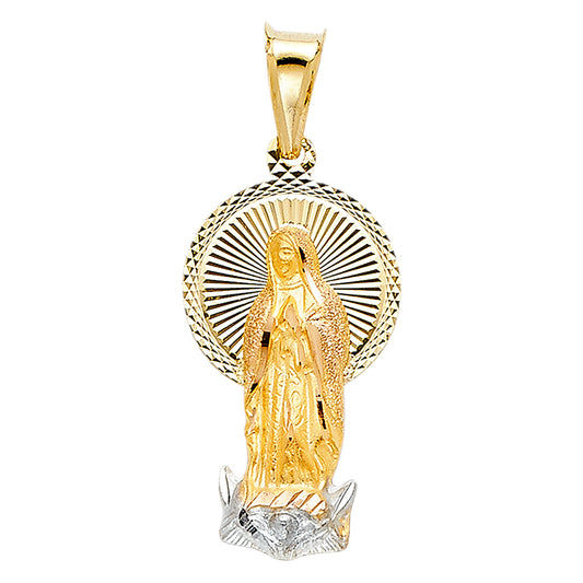 14K Tri-Color Religious Mary of Guadalupe Stamp Religious Charm Pendant, Diamond-cut (27 x 13mm)
