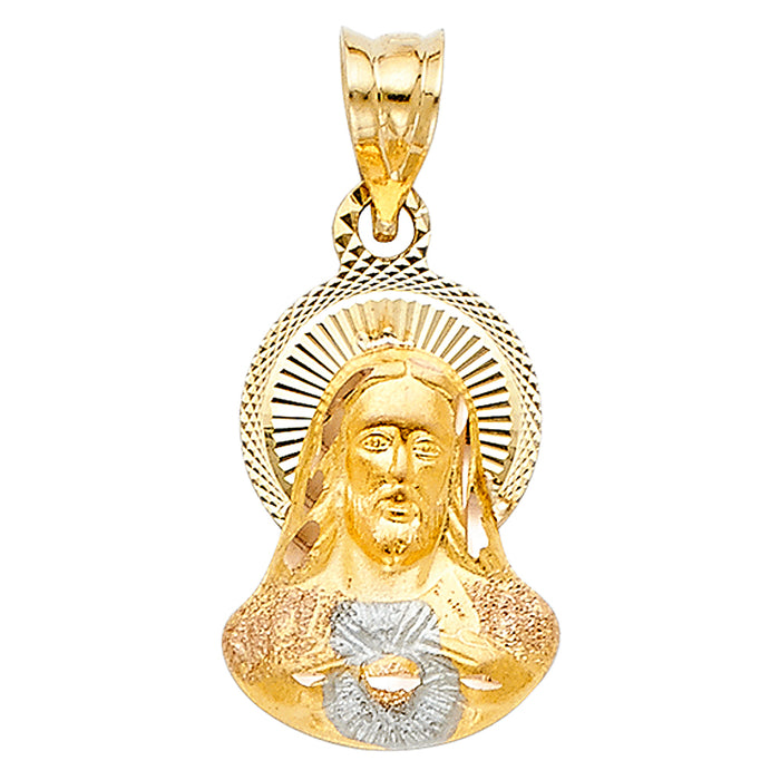 14k Tri-color Gold Religious Jesus Sacred Heart Stamp Charm Pendant, Diamond-cut, (20 x 12mm)