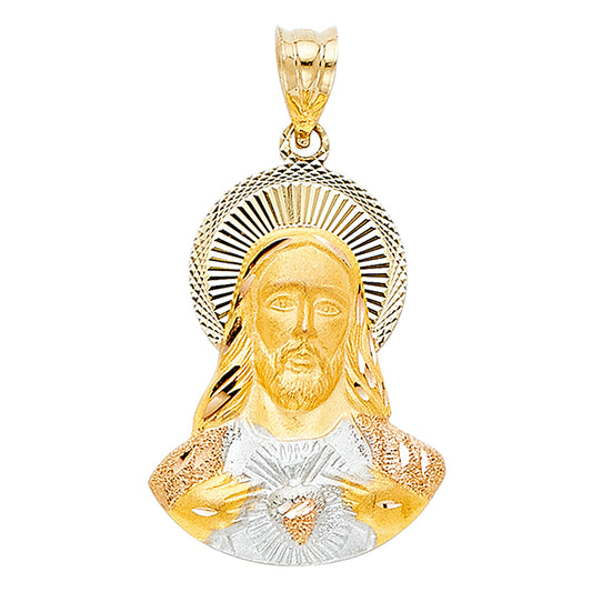 14k Tri-color Gold Religious Jesus Sacred Heart Stamp Charm Pendant, Diamond-cut, (25 x 18mm)