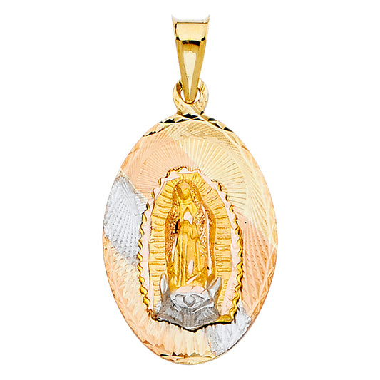 14k Tri-Color Gold Religious Virgin Mary of Guadalupe Stamp Charm Pendant, Diamond-cut (27 x 17mm)