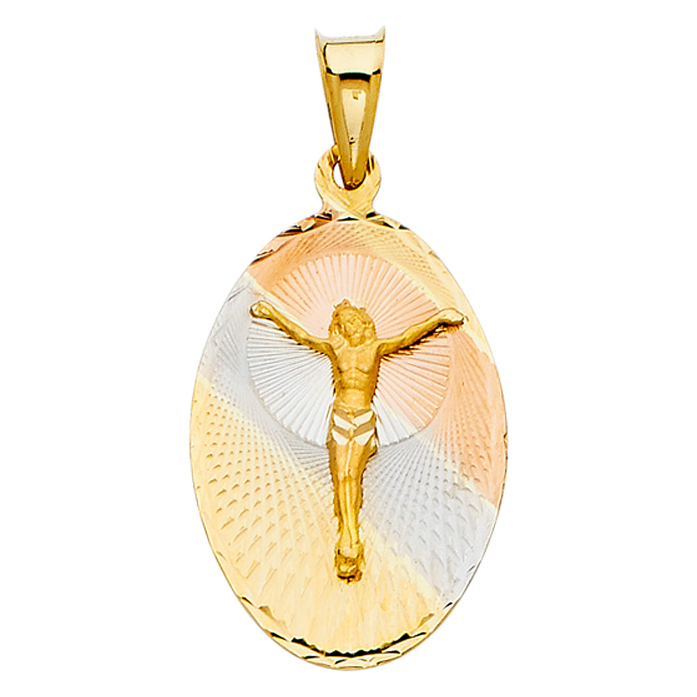 14k Tri-Color Gold Religious Jesus crucifix Stamp on Oval Disc Charm Pendant, Diamond-cut (28 x 17mm)