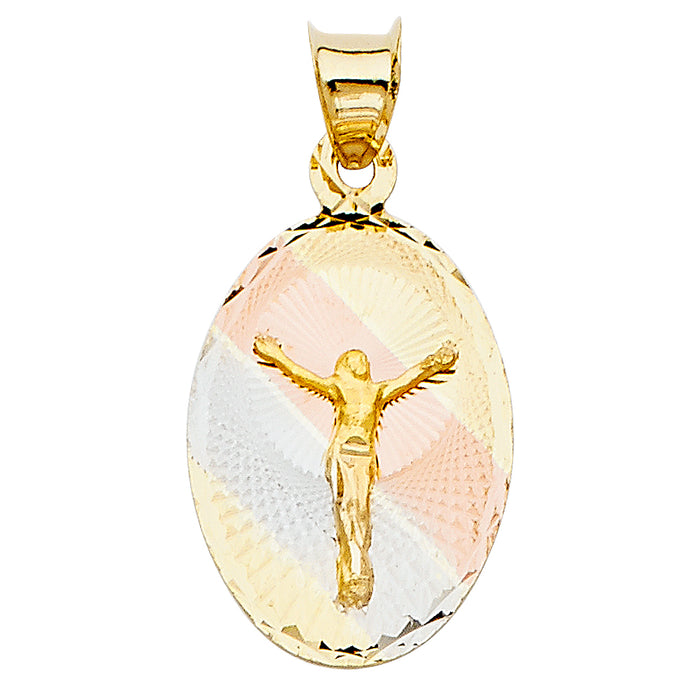 14k Tri-Color Gold Religious Jesus crucifix Stamp on Oval Disc Charm Pendant, Diamond-cut (21 x 14mm)