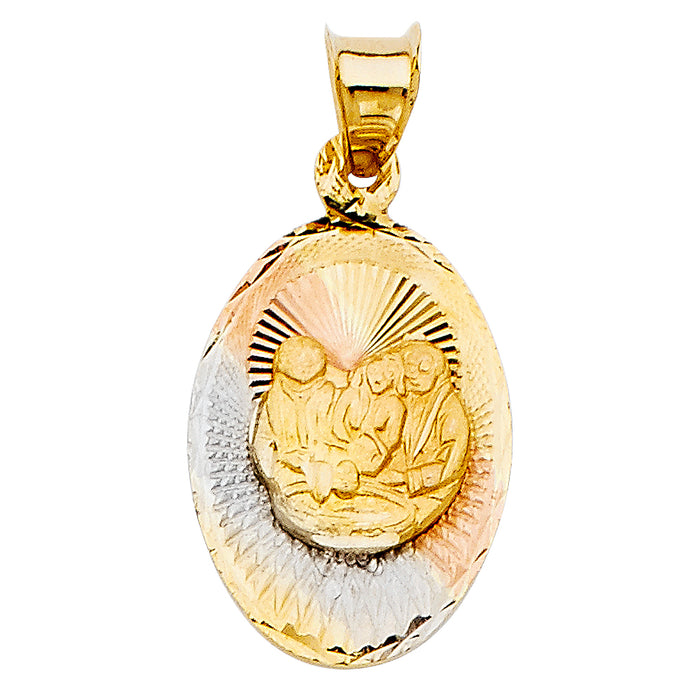 14k Tri-Color Gold Religious Baptism Stamp on Oval Disc Charm Pendant Diamond-cut (21 x 14mm)