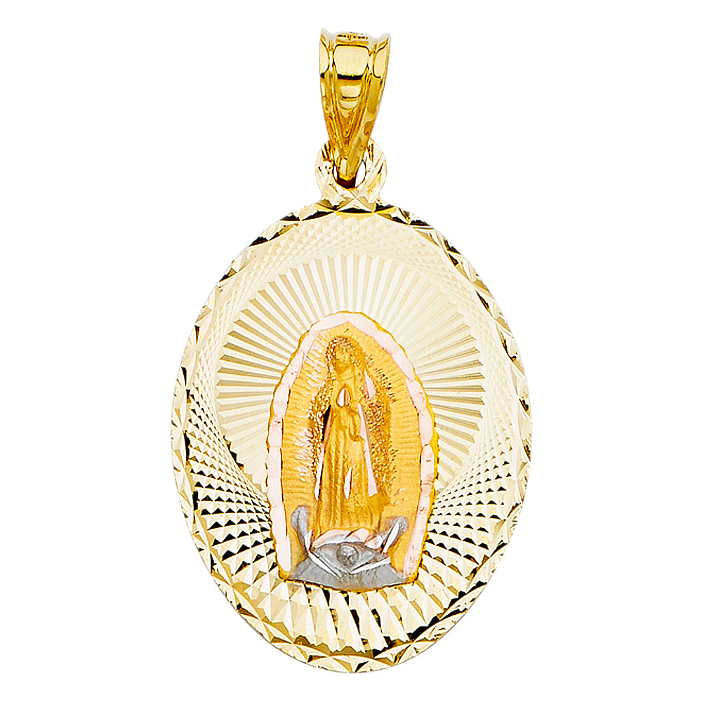 14k Tri-Color Gold Religious Virgin Mary of Guadalupe Stamp on Oval Disc Charm Pendant, Diamond-cut (33 x 22mm)