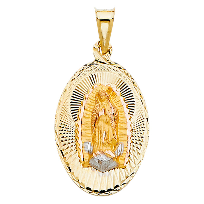 14k Tri-Color Gold Religious Virgin Mary of Guadalupe Stamp on Oval Disc Charm Pendant, Diamond-cut (27 x 17mm)